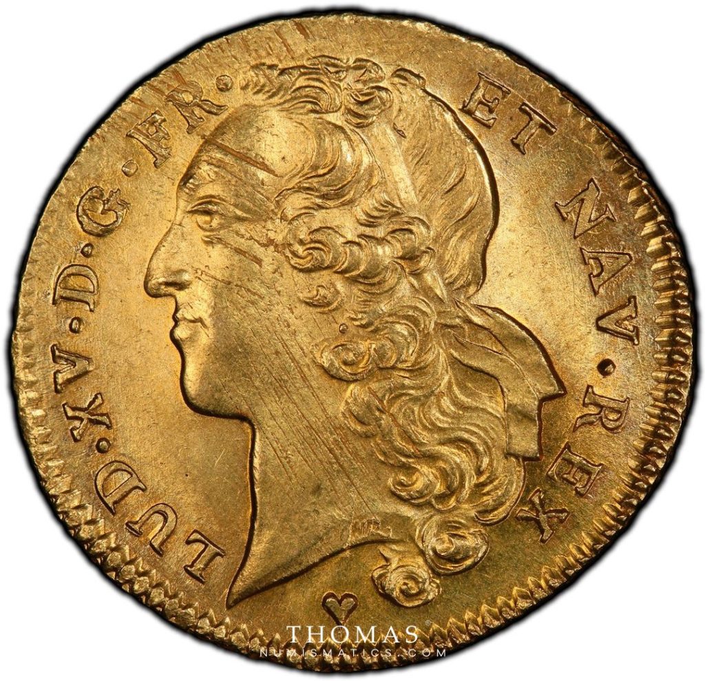 louis-xv-double-louis-or-bandeau-1743-bb-strasbourg-pcgs-ms-63-avers-tresor-rue-mouffetard estimation monnaies